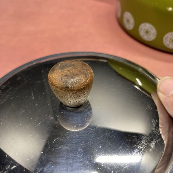 Vintage Mid Century Modern Enamel Saucepan Plate Fondue Pot Wood Handle Green - Picture 7 of 12